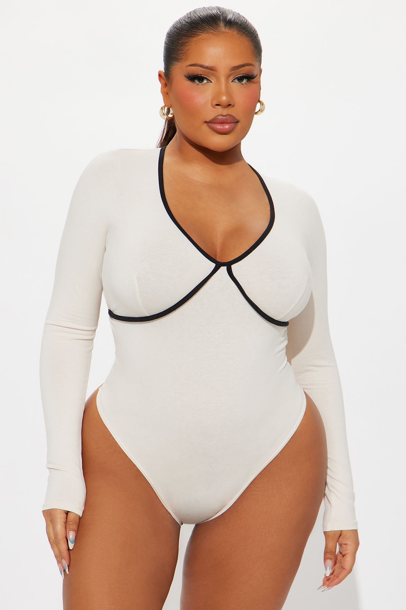 Champagne Dream Long Sleeve Contrast Trim Bodysuit - Cream