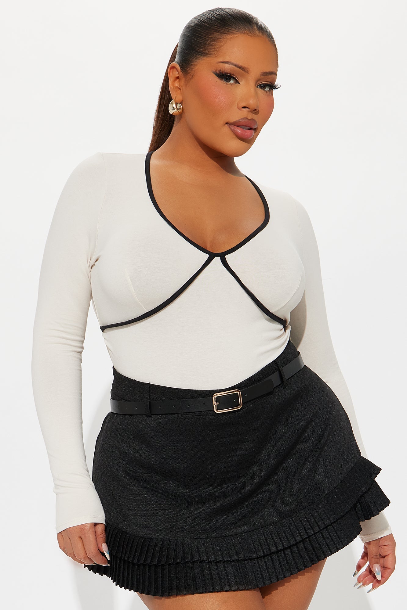 Champagne Dream Long Sleeve Contrast Trim Bodysuit - Cream