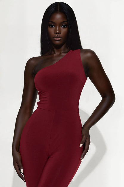 Flirty And Fun One Shoulder Jumpsuit - Burgundy