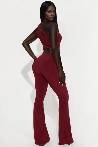 Flirty And Fun One Shoulder Jumpsuit - Burgundy