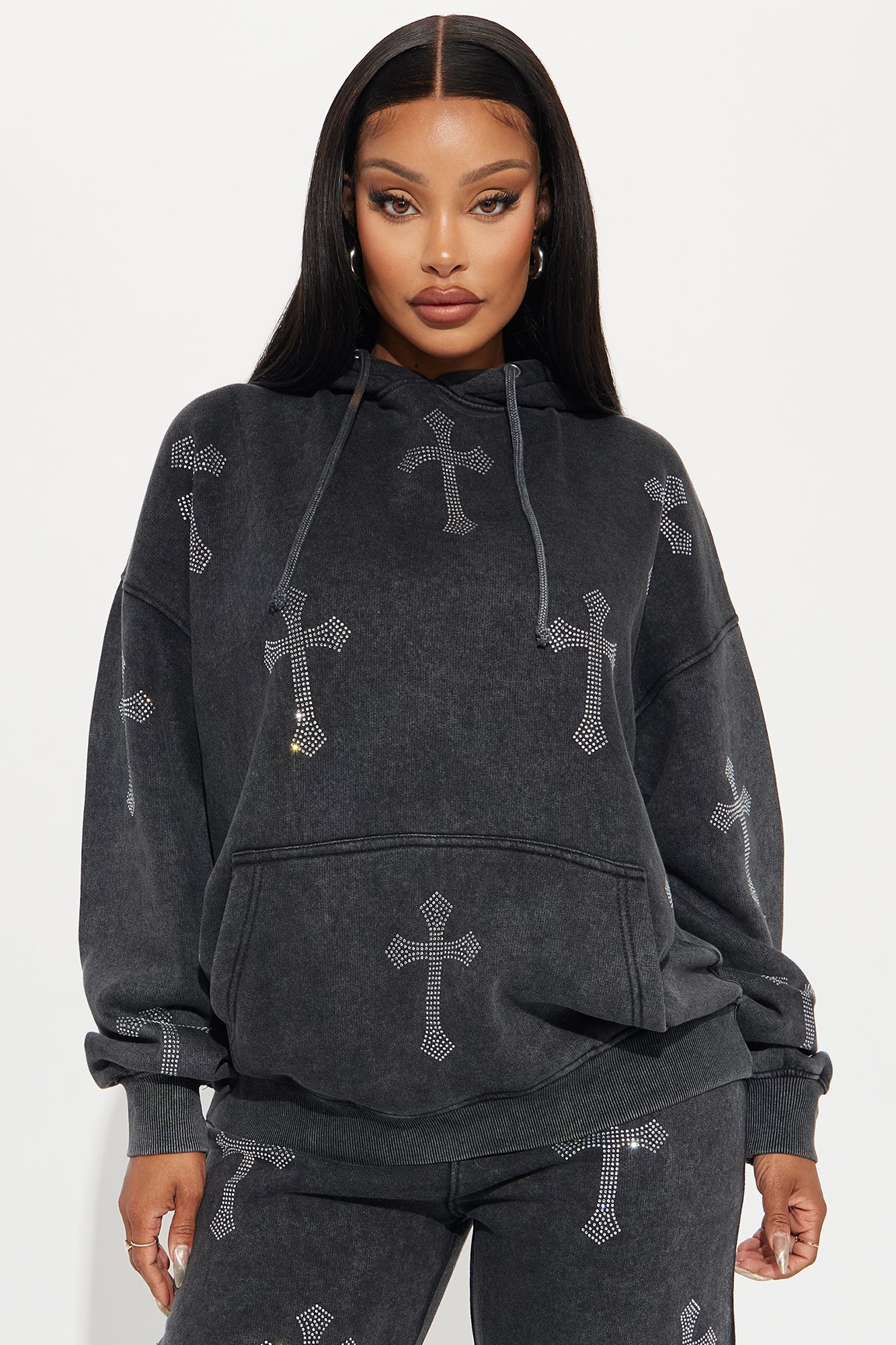 Sunday Rhinestone Washed Hoodie - Black Wash