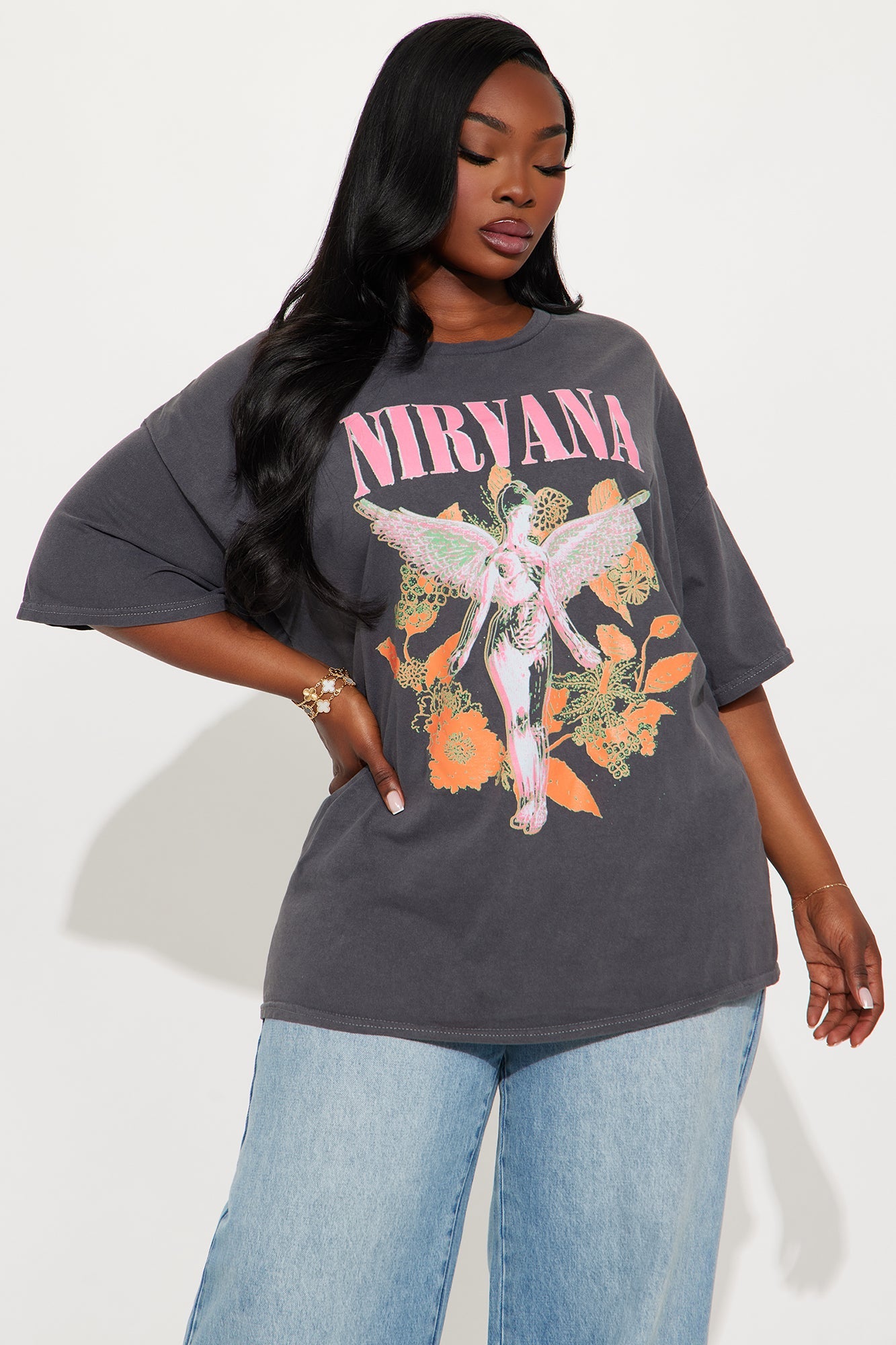Nirvana Utero Flowers Washed Oversized Tee - Black