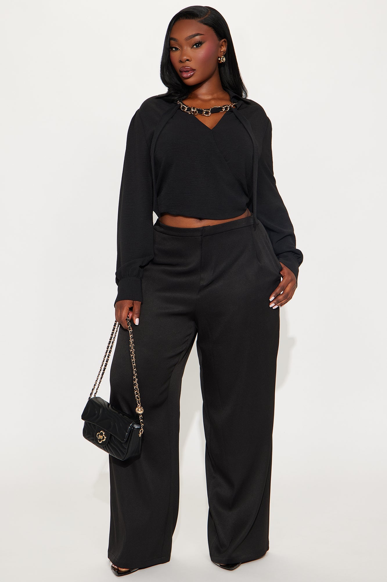 Sleek Touch Surplice Chain Blouse - Black