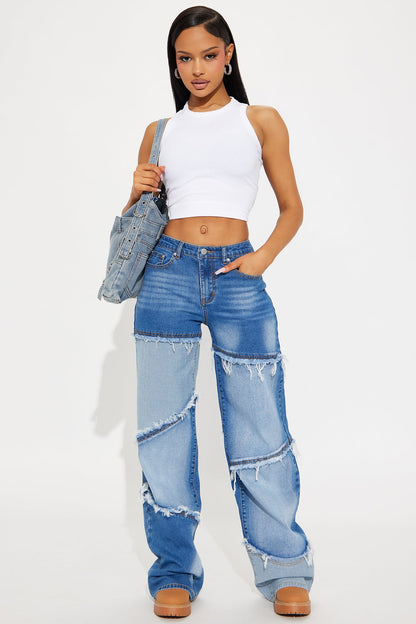 La Vie Two Tone Wide Leg Jeans - Medium Wash