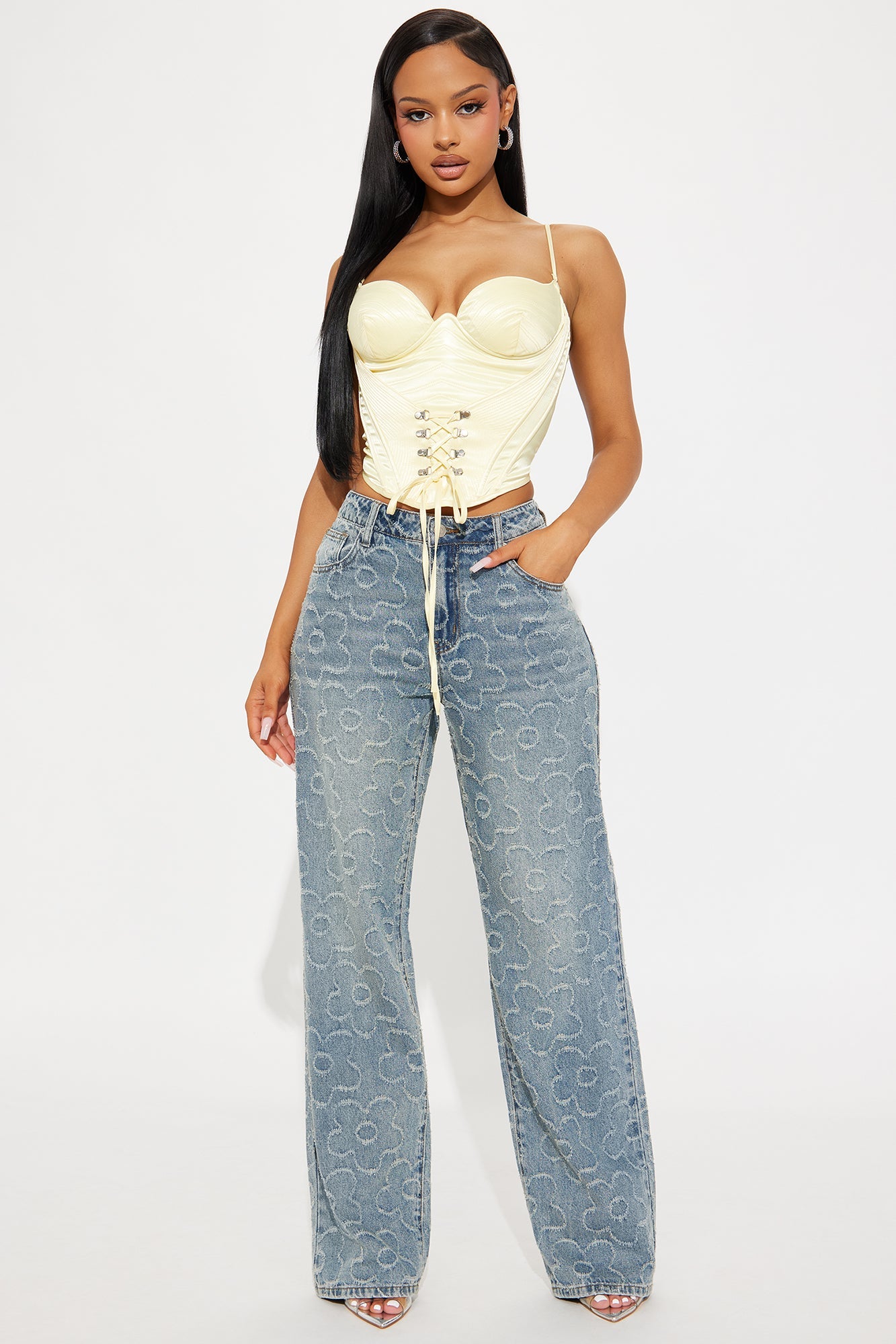 Flower Power Jacquard Wide Leg Jeans - Medium Wash