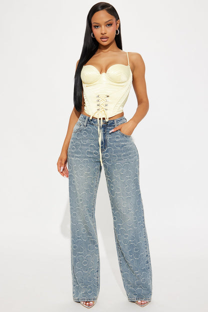 Flower Power Jacquard Wide Leg Jeans - Medium Wash