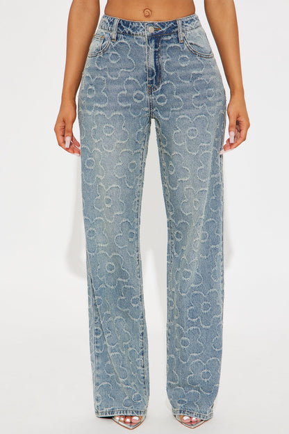 Flower Power Jacquard Wide Leg Jeans - Medium Wash