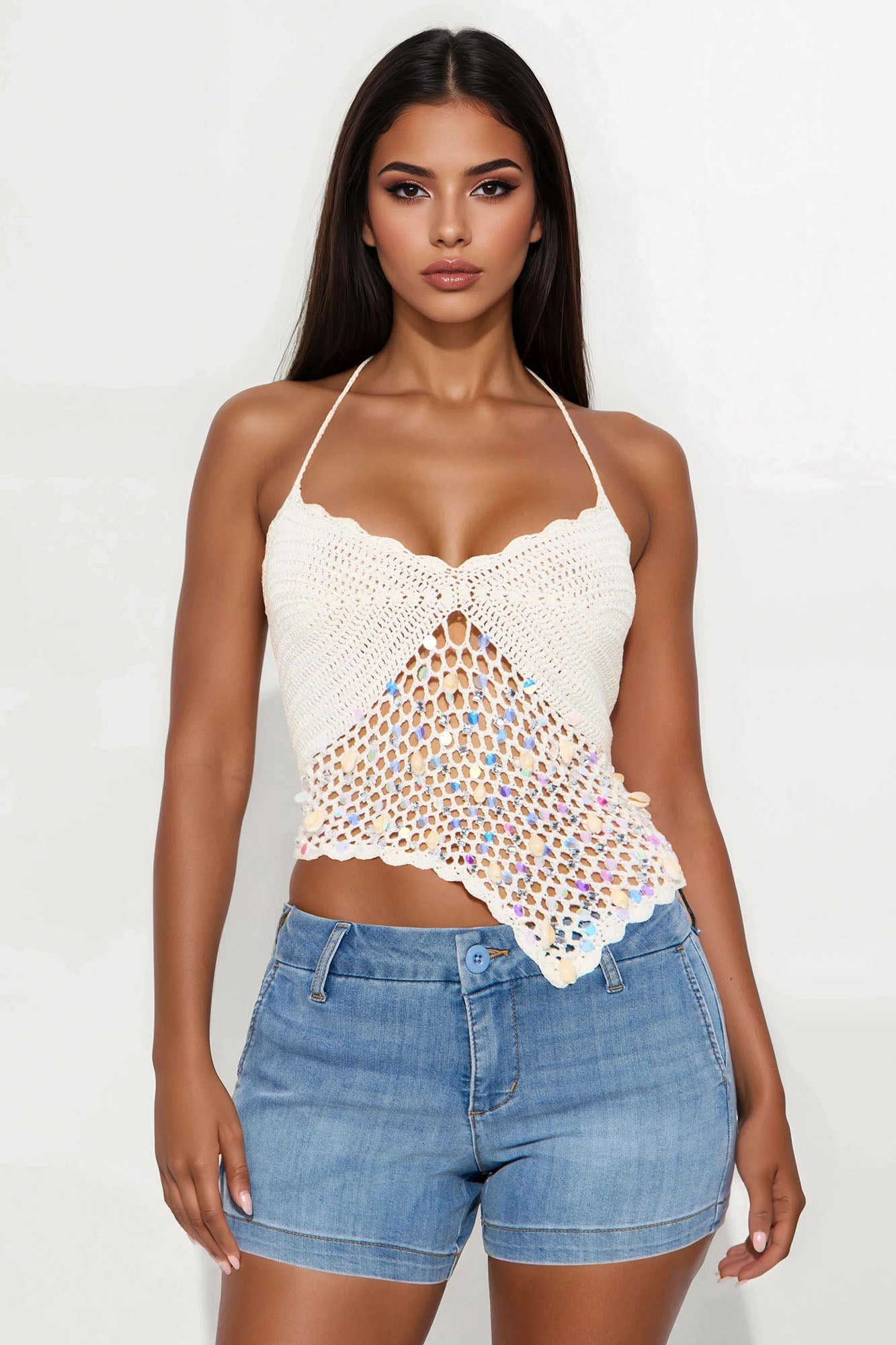 Catch Me By The Shore Sequin Crochet Top - Cream