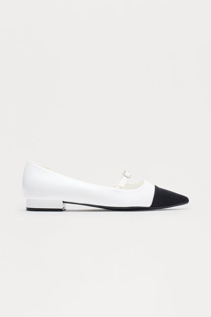 Dray Rhinestone Buckle Ballet Flats - White