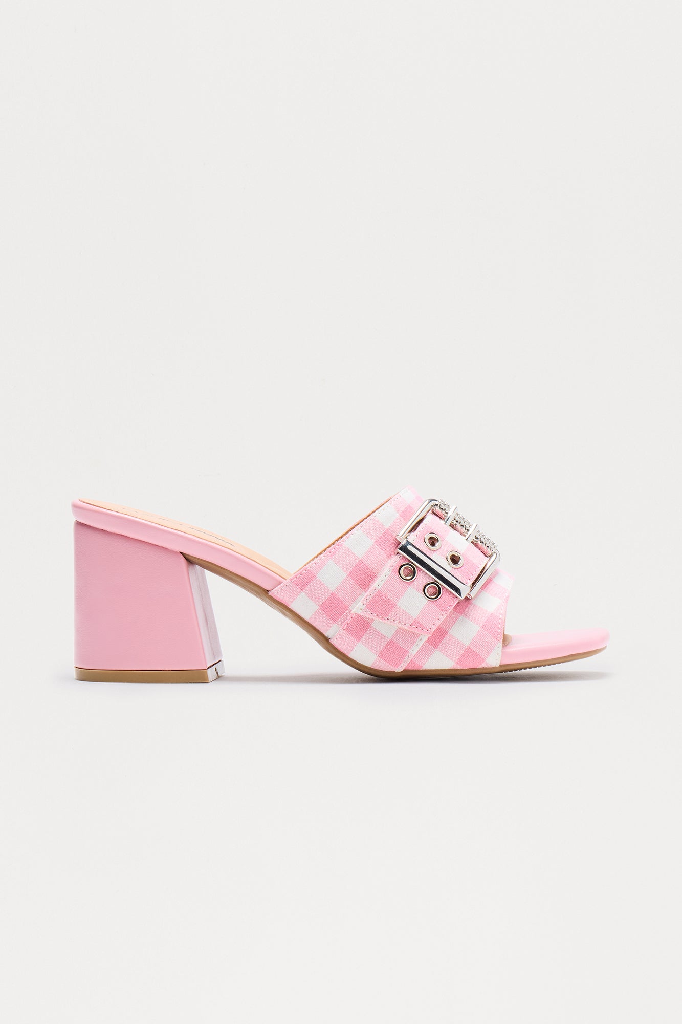 Savy Buckle Gingham Mules - Pink/combo