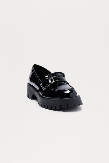 University Faux Patent Buckle Loafers - Black