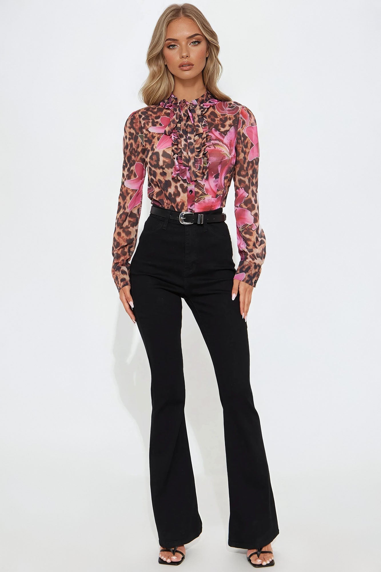 Mishelle Chiffon Floral Leopard Bodysuit - Brown/combo