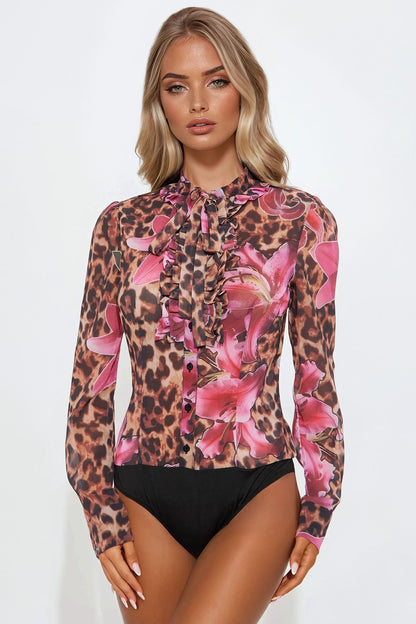 Mishelle Chiffon Floral Leopard Bodysuit - Brown/combo