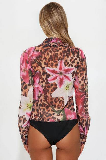 Mishelle Chiffon Floral Leopard Bodysuit - Brown/combo