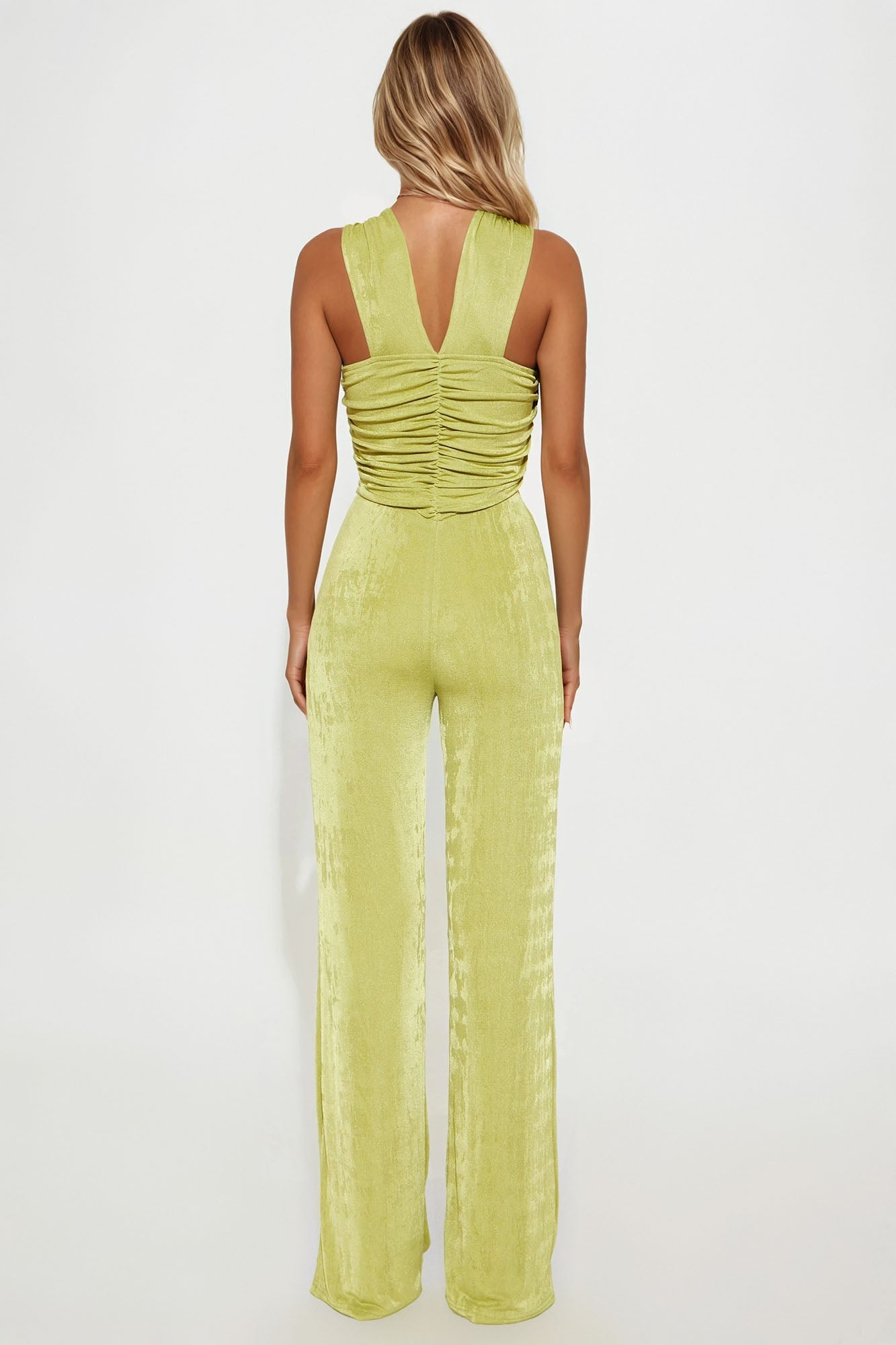 On Your Mind Slinky Wide Leg Jumpsuit - Chartreuse