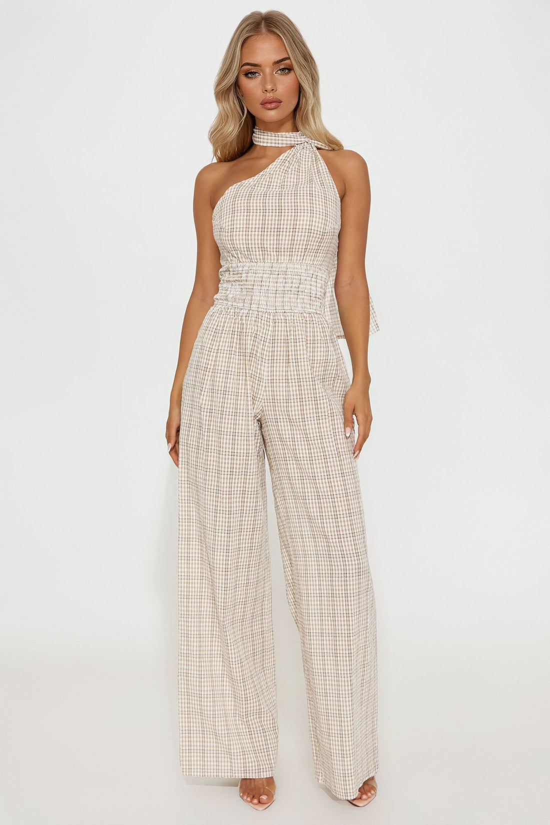 Not Playing Around Plaid Halter Jumpsuit - Brown/combo
