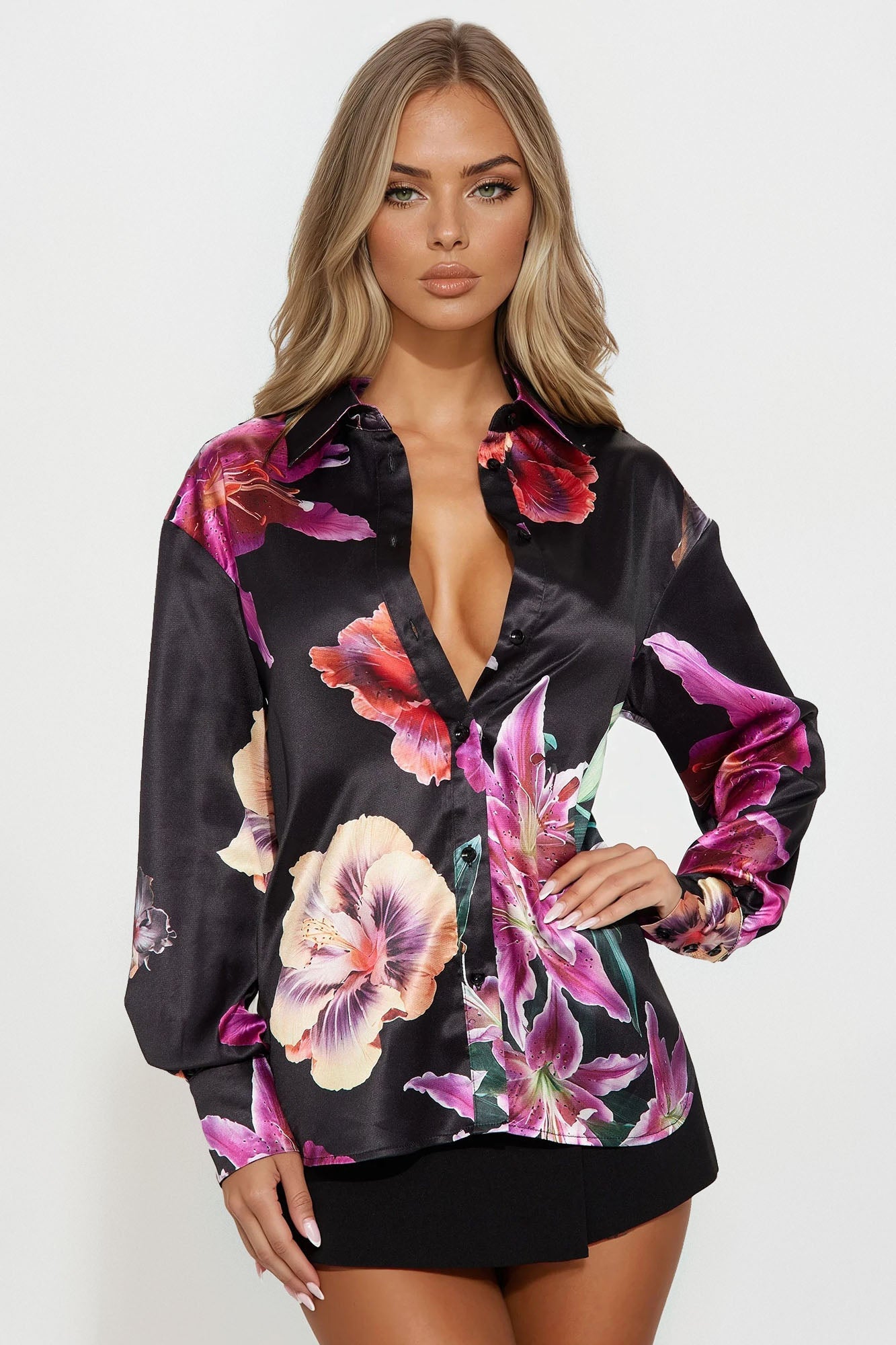 Lily Love Satin Shirt - Black/Pink