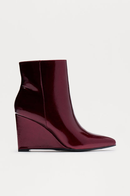 Ricki Faux Patent Wedge Booties - Burgundy