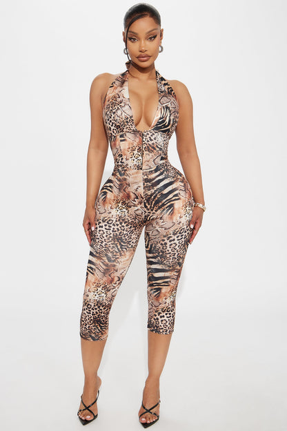 Dalia Halter Corset Capri Jumpsuit - Brown/combo