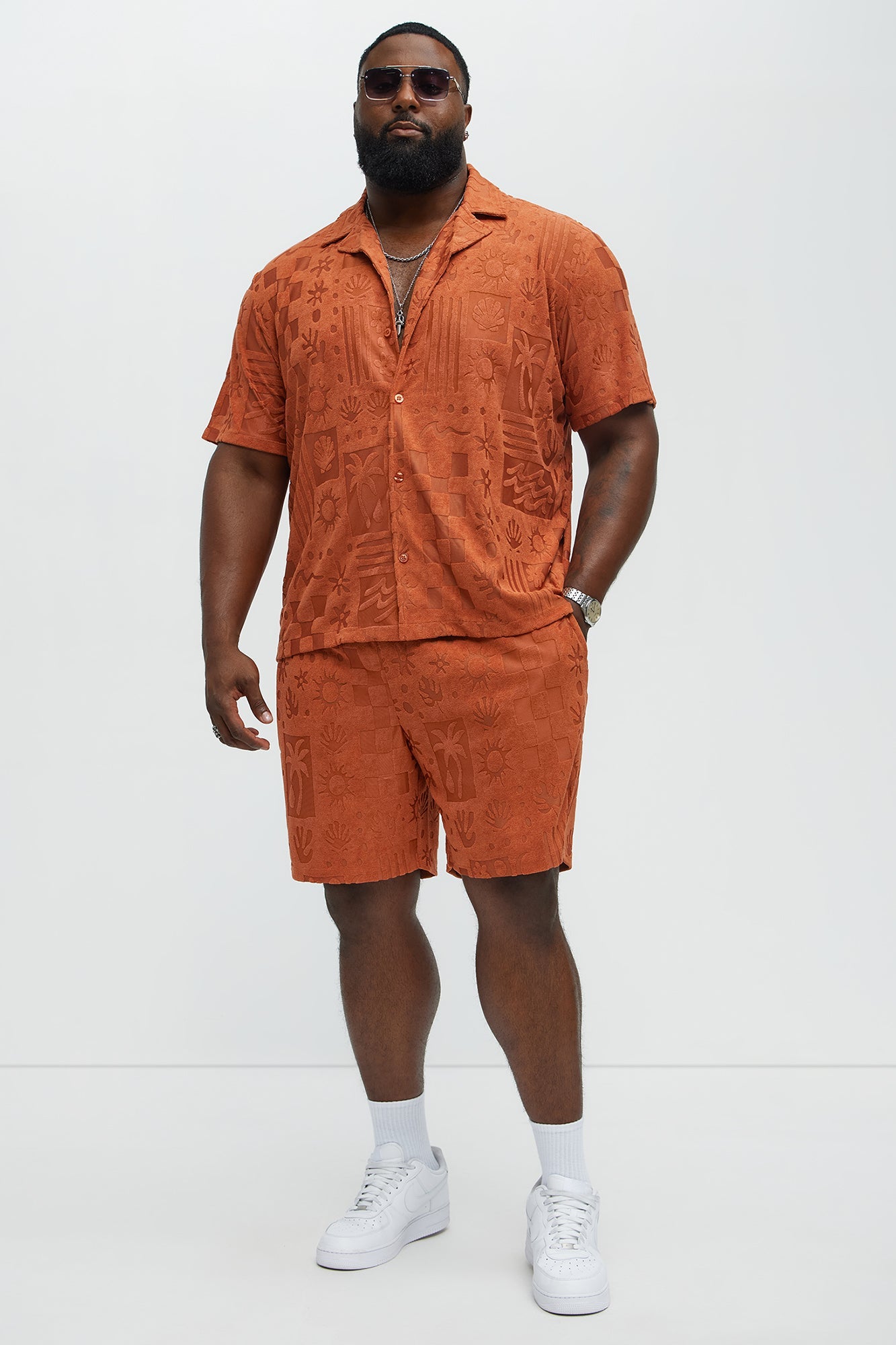 Tropical Trees Jacquard Short Sleeve Button Up Shirt - Rust