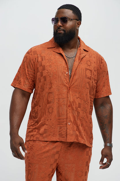 Tropical Trees Jacquard Short Sleeve Button Up Shirt - Rust