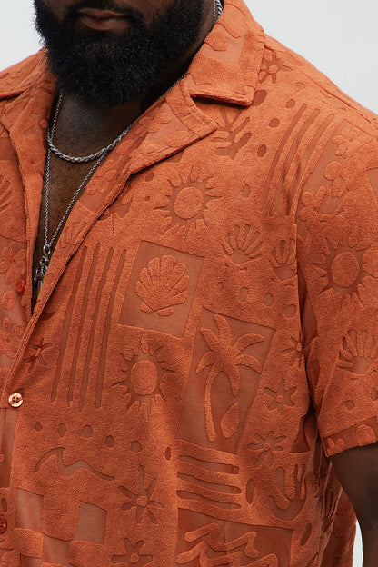Tropical Trees Jacquard Short Sleeve Button Up Shirt - Rust
