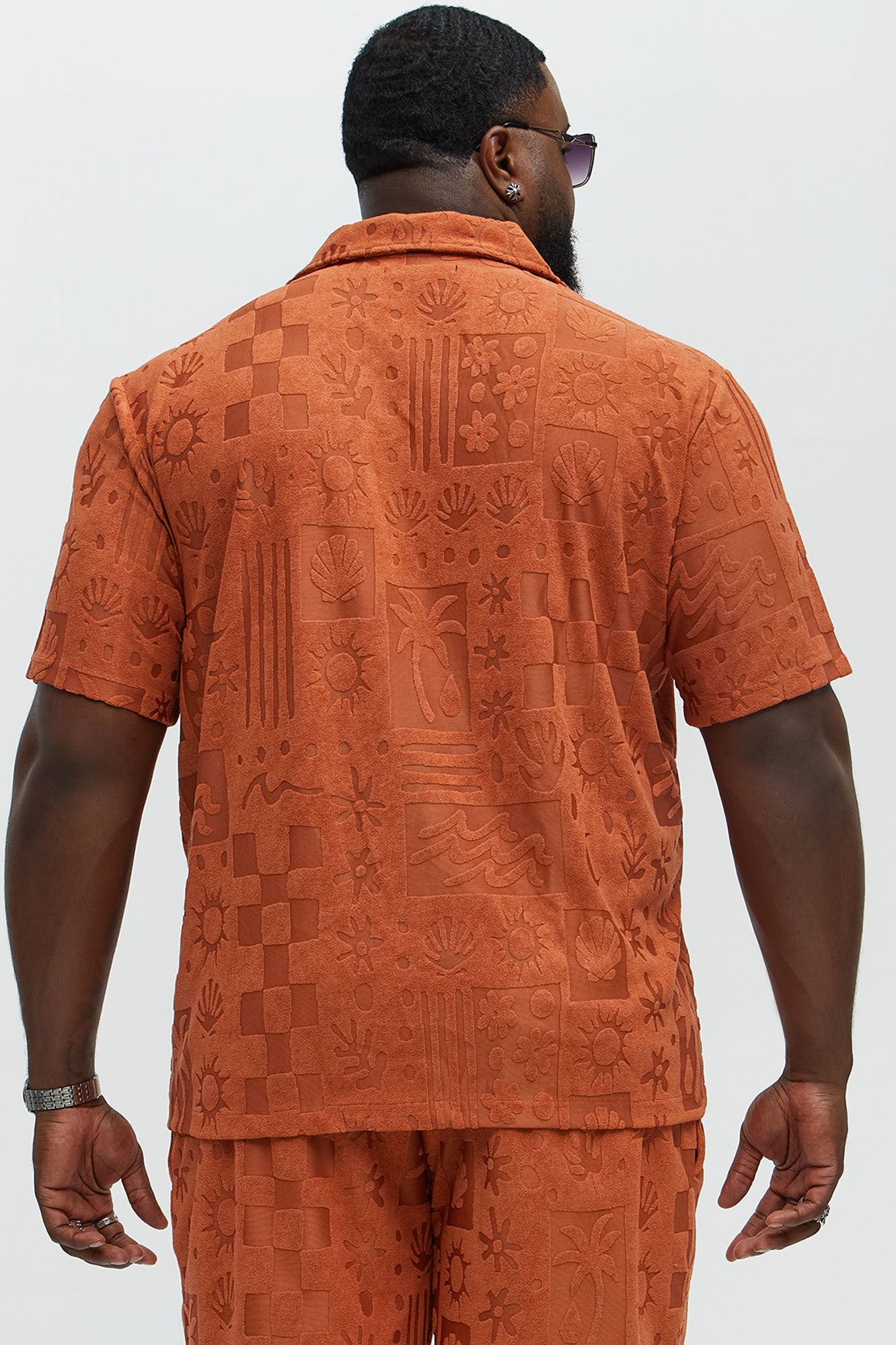 Tropical Trees Jacquard Short Sleeve Button Up Shirt - Rust