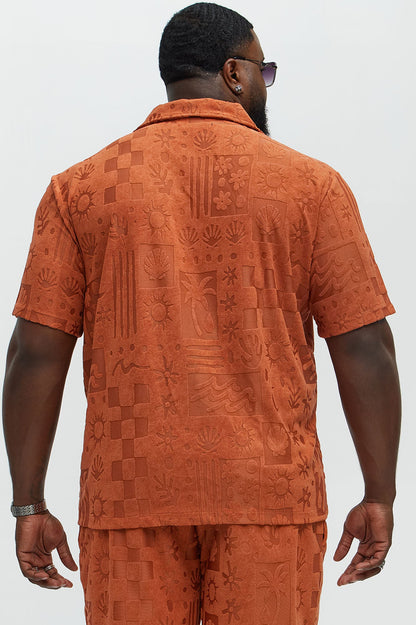 Tropical Trees Jacquard Short Sleeve Button Up Shirt - Rust