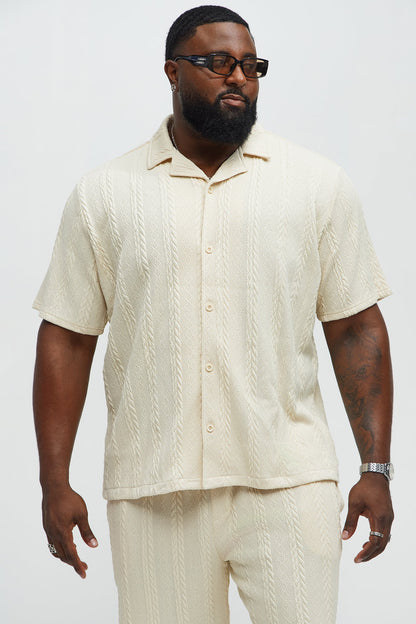 Textured Stripes Cuban Short Sleeve Button Up Shirt - Cream