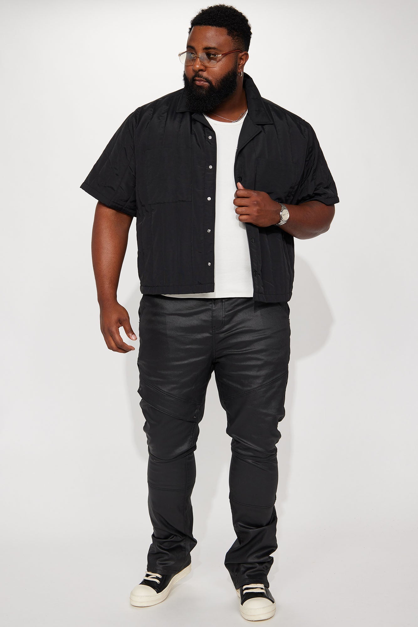 Beg For Me Coated Stacked Skinny Flare Pants - Black