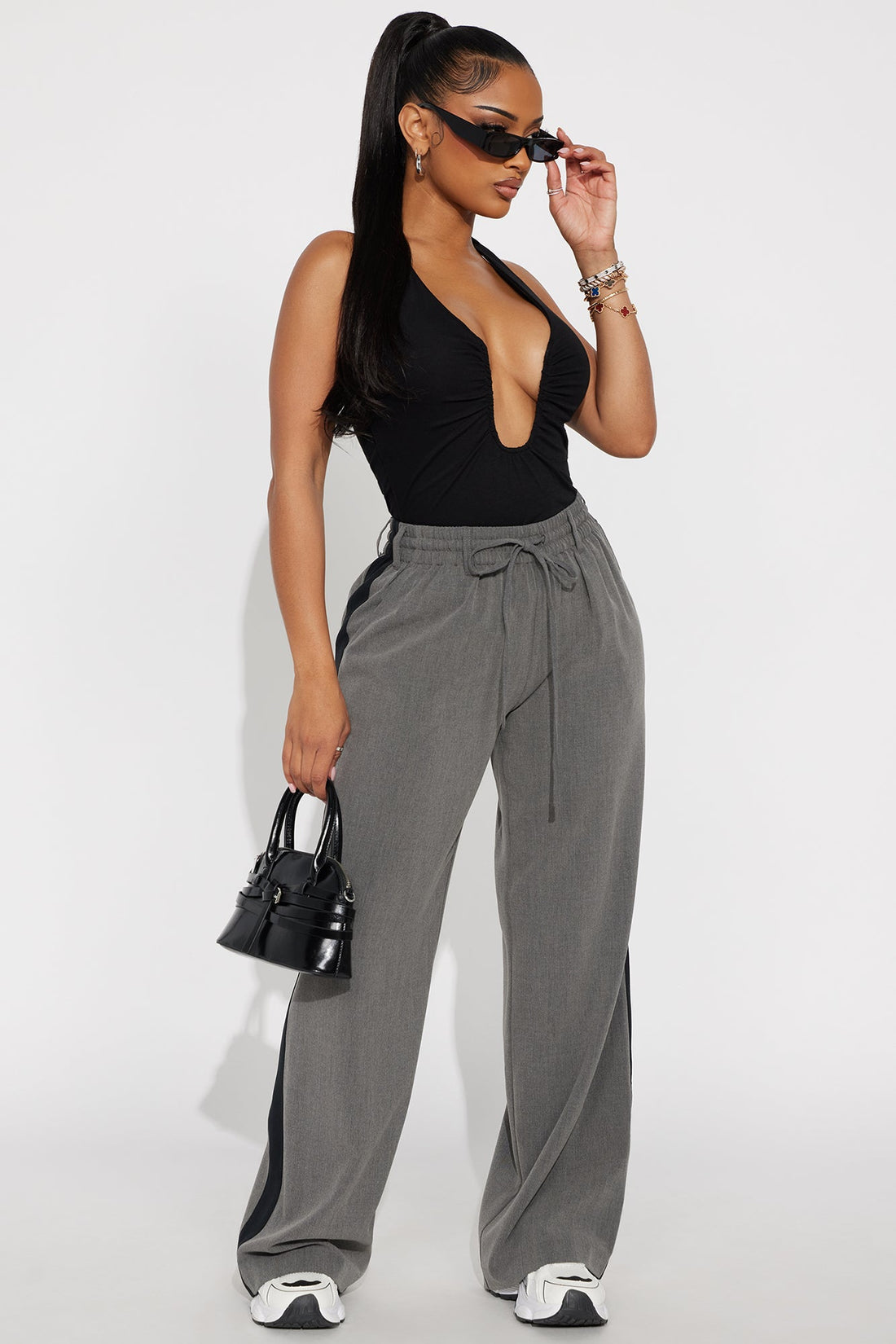 On Track Wide Leg Woven Side Stripe Pants - Charcoal