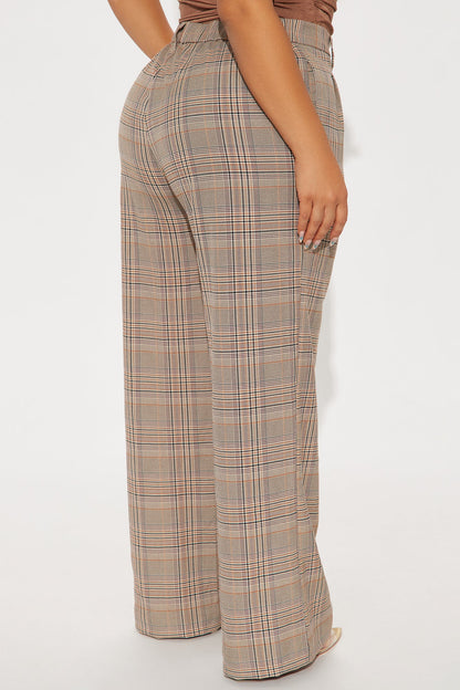 Talk Later Wide Leg Plaid Trouser - Khaki/combo