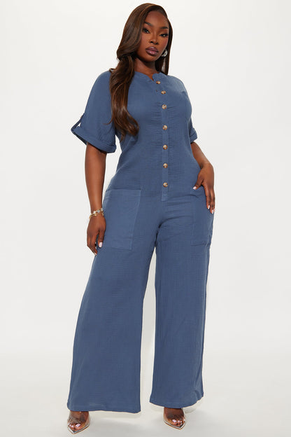 Bethany Button Up Jumpsuit - Slate Blue