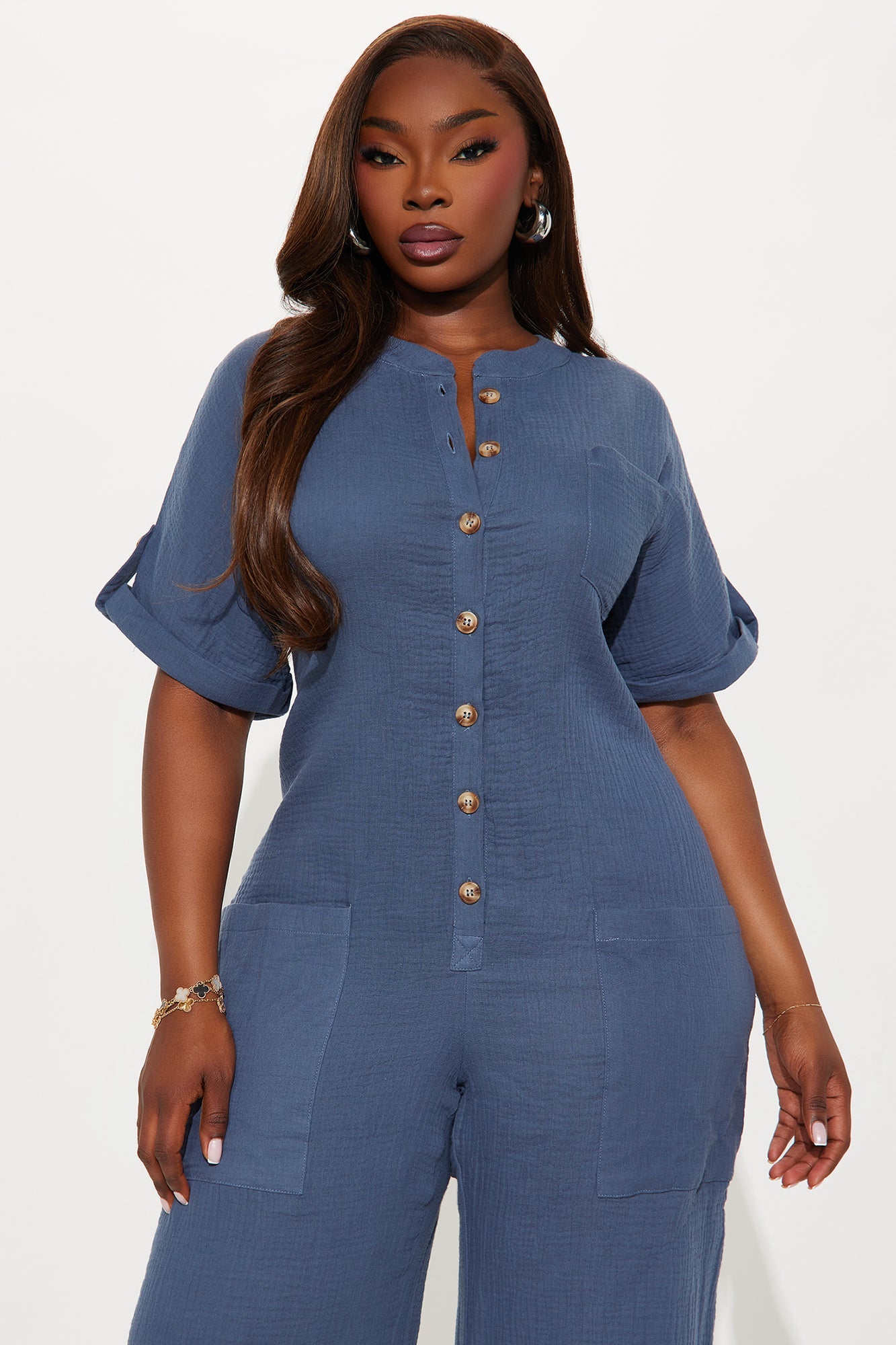 Bethany Button Up Jumpsuit - Slate Blue