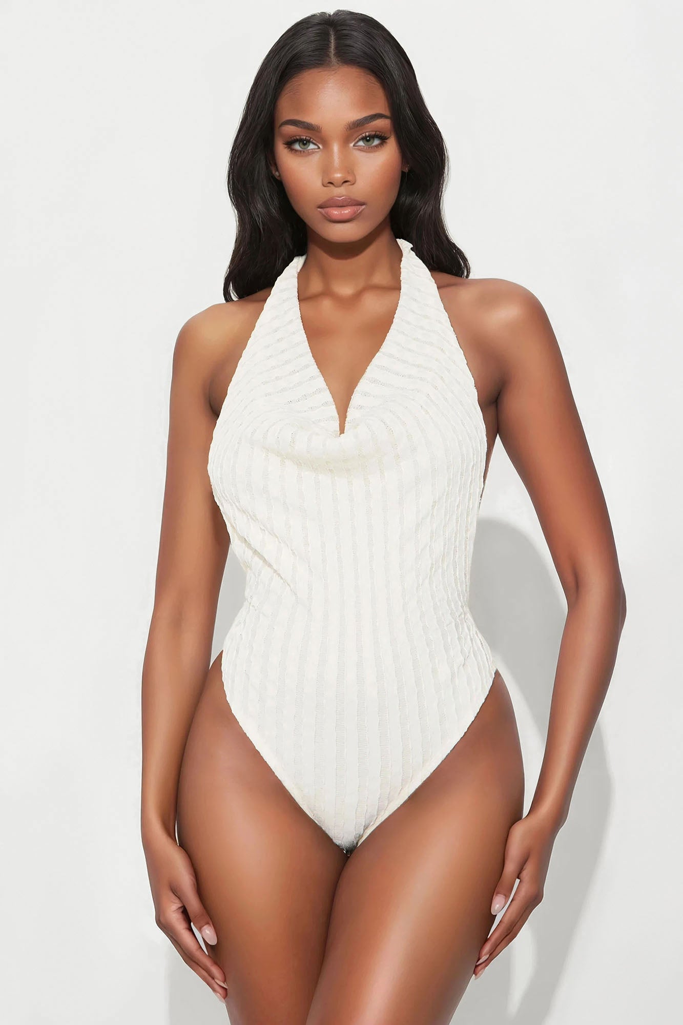 Daisy Cowl Neck Halter Bodysuit - Beige