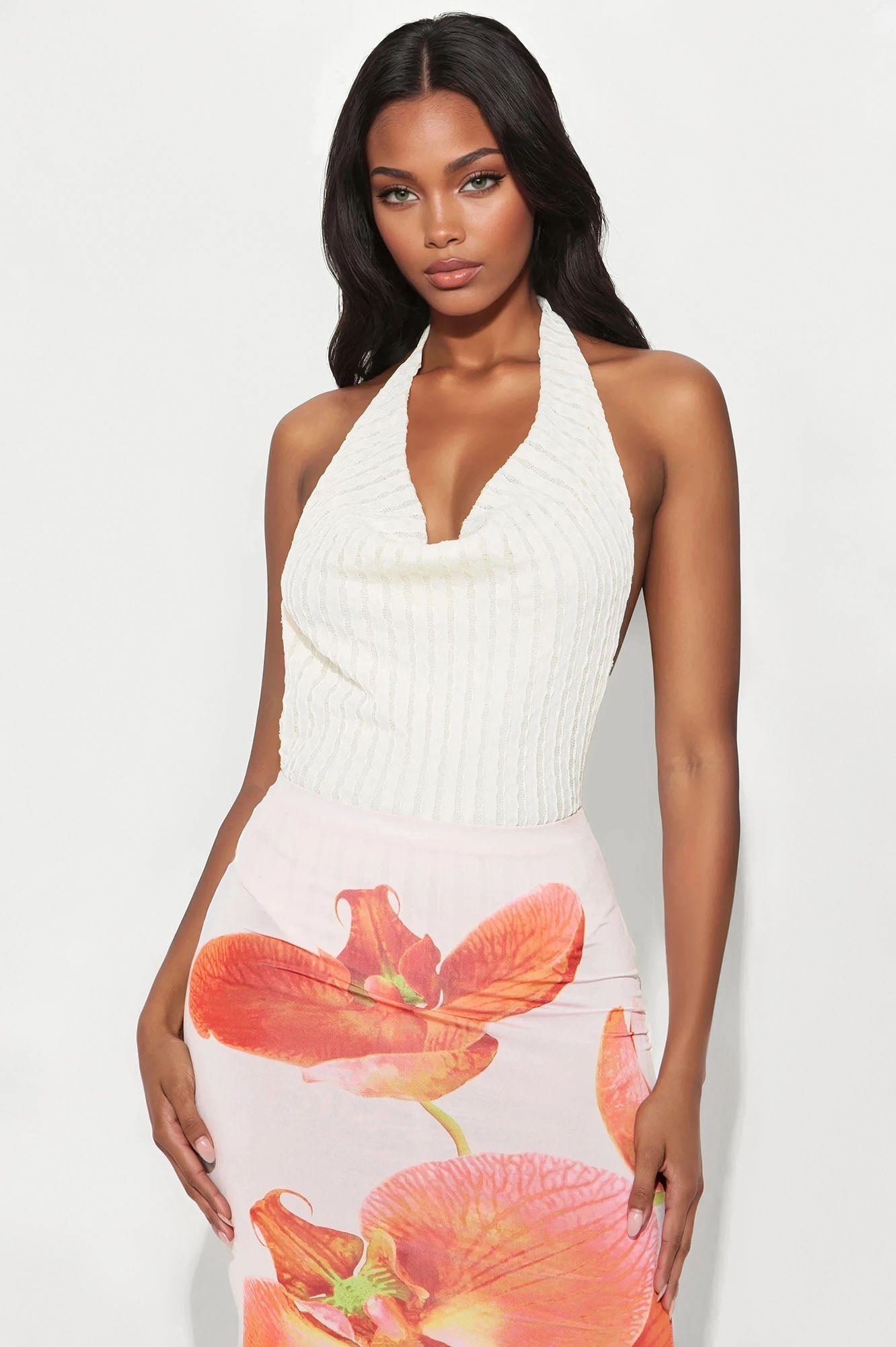 Daisy Cowl Neck Halter Bodysuit - Beige