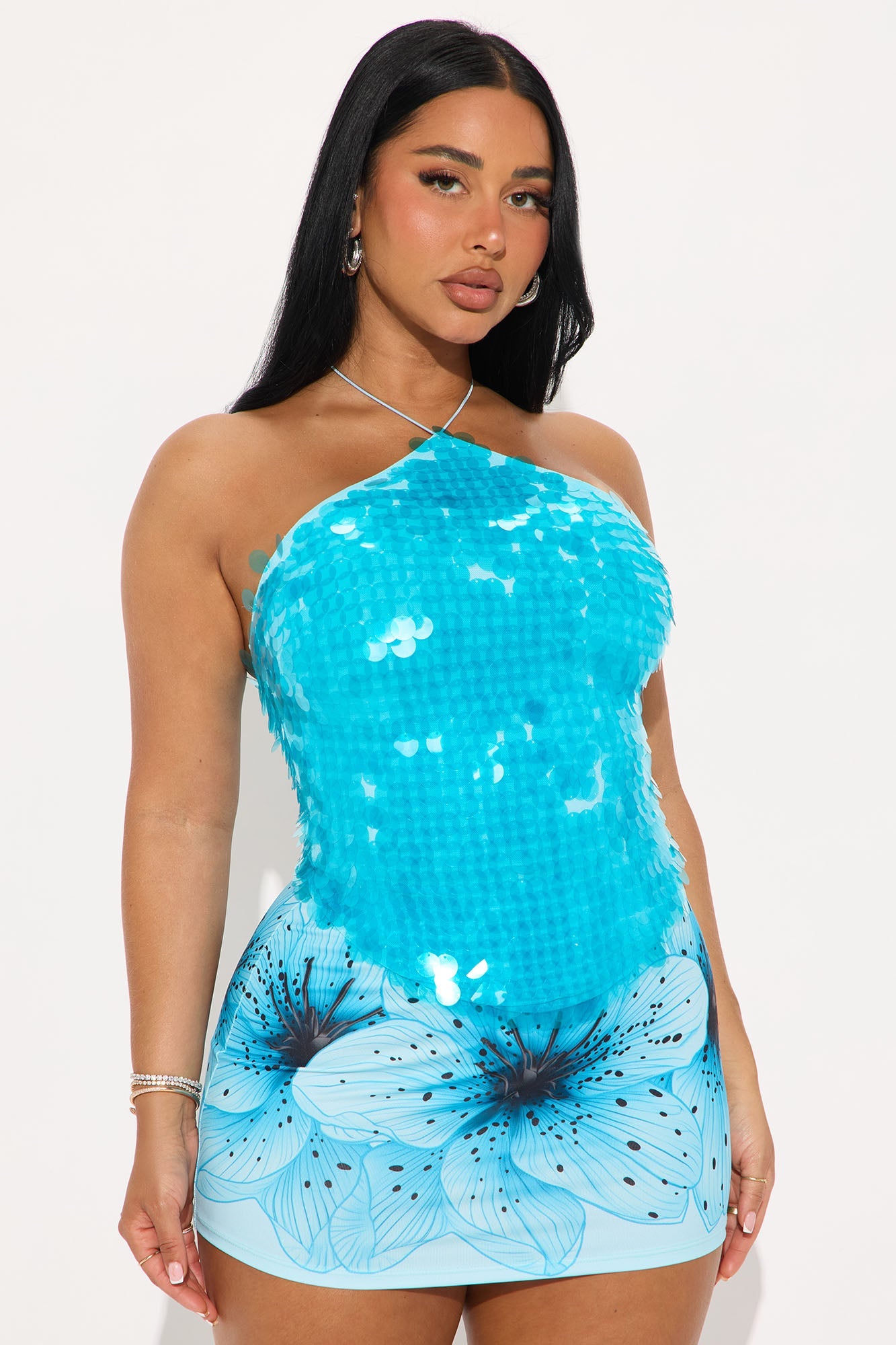 Keep Up With Me Sequin Halter Top - Aqua