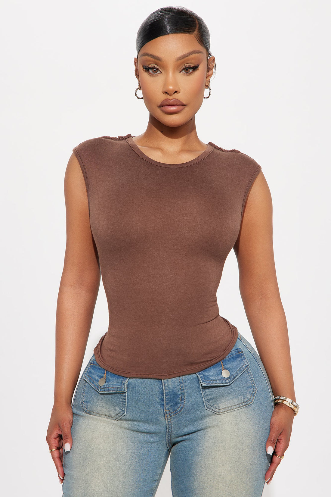 Itzel High Neck Cut Out Top - Chocolate