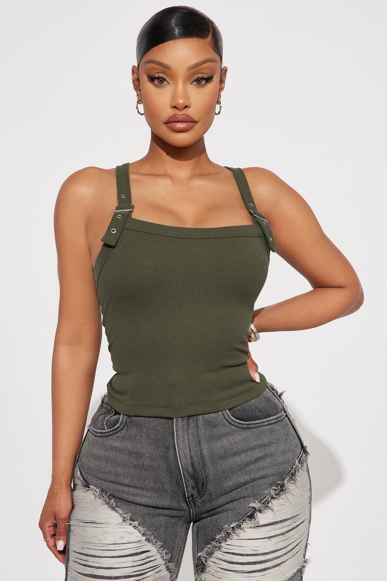 Buckle Up Ribbed Tank Top - Olive