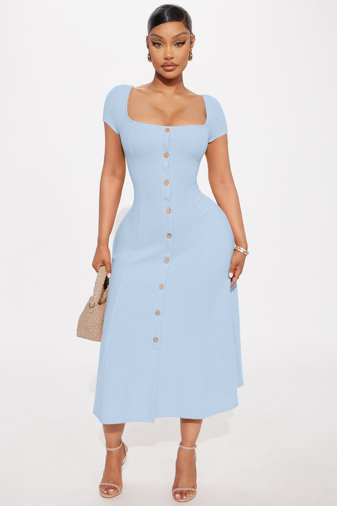 Just A Moment Scoop Neck Midi Dress - Dusty Blue