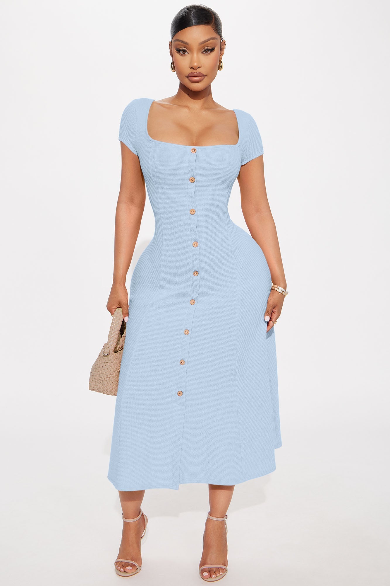 Just A Moment Scoop Neck Midi Dress - Dusty Blue