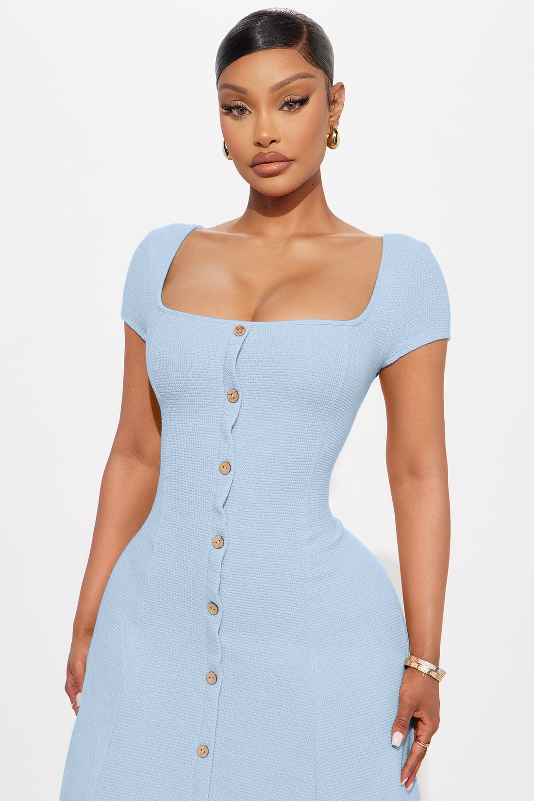Just A Moment Scoop Neck Midi Dress - Dusty Blue