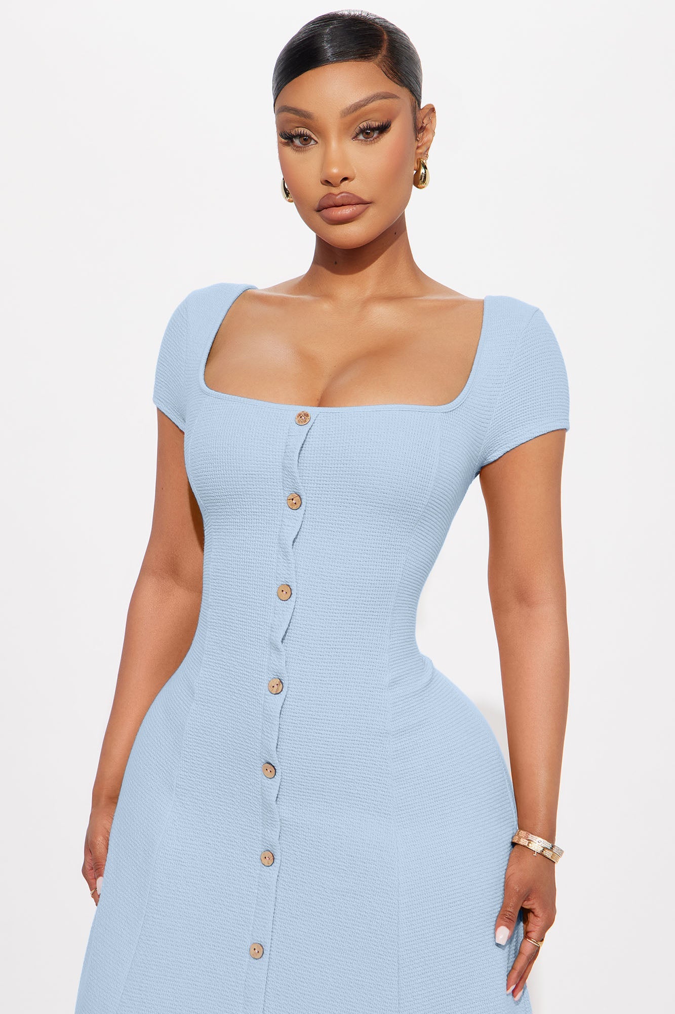 Just A Moment Scoop Neck Midi Dress - Dusty Blue