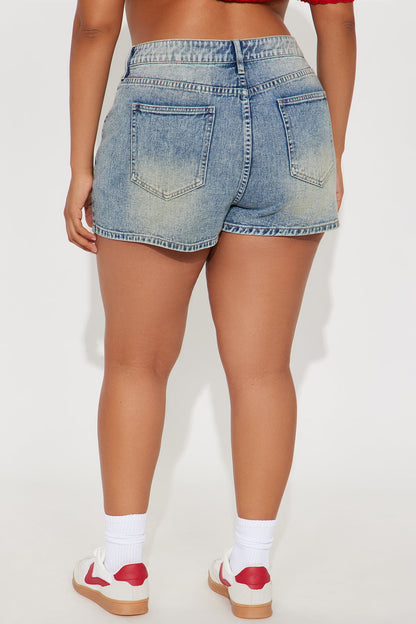 Reaching New Levels Lace Up Denim Shorts - Vintage Wash