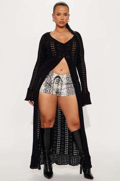 Geena Long Pointelle Cardigan Sweater - Black