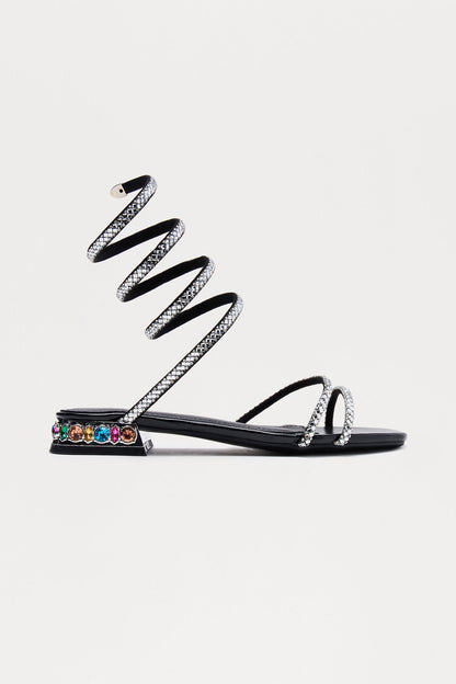 Vessy Rhinestone Wrap Up Sandals - Black