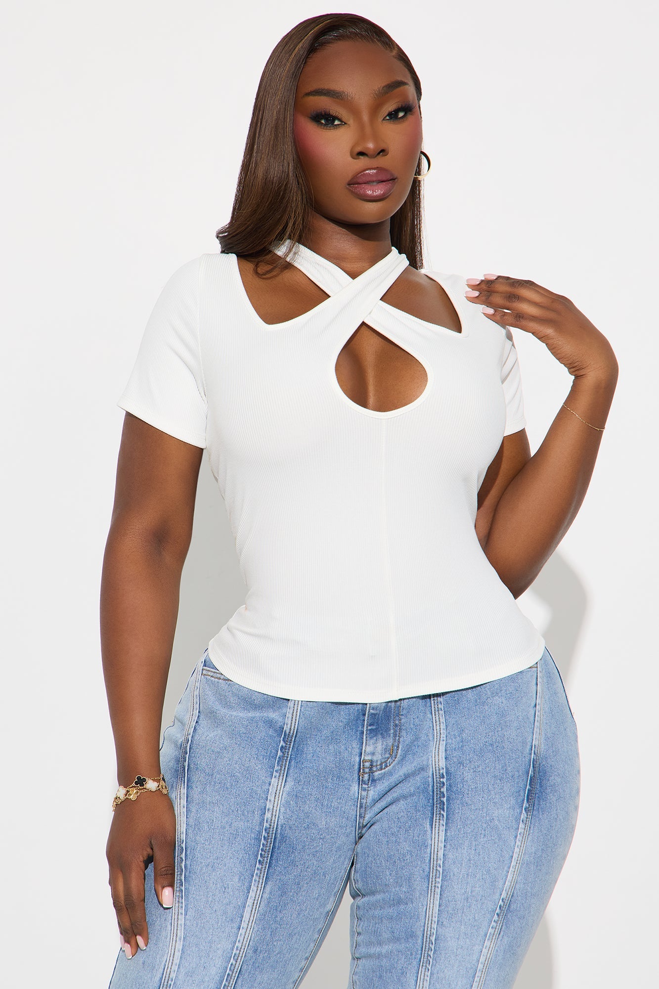 Chita Ribbed Short Sleeve Top - White