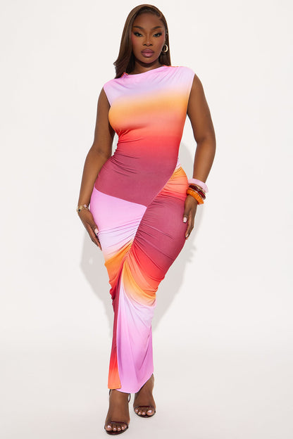 Candy Skies Ombre Asymmetrical Maxi Dress - Orange/combo