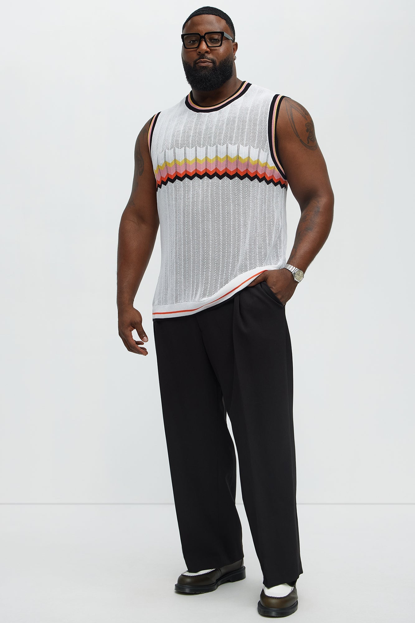 Chevron Striped Knit Muscle Tee - White/combo