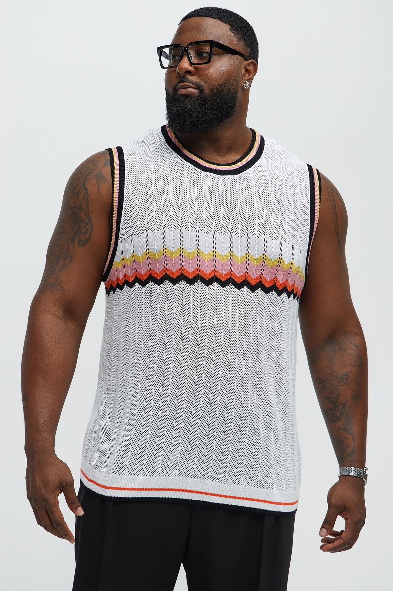 Chevron Striped Knit Muscle Tee - White/combo